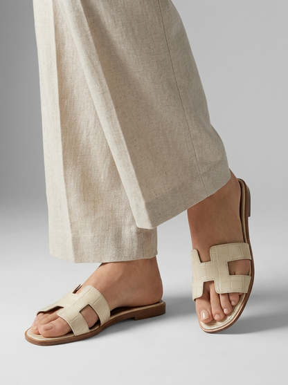 Luxury Leather H-Cut Sandals – Elegant Women's Flat Slide Sandals